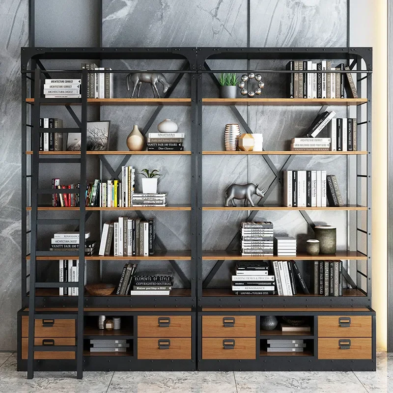 Industrial Loft Solid Wood Bookcase Wrought Iron Floor Standing Shelf Modern Multi Tier Storage Rack for Home Office Living