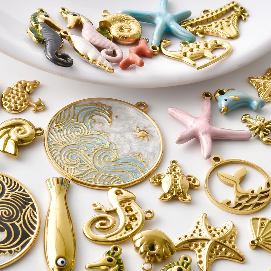 3/5pcs/Lot Sea Animal Oil Dripping Gold Color Charm Starfish Conch Fish Stainless Steel Pendant For Jewelry Making DIY Bracelets