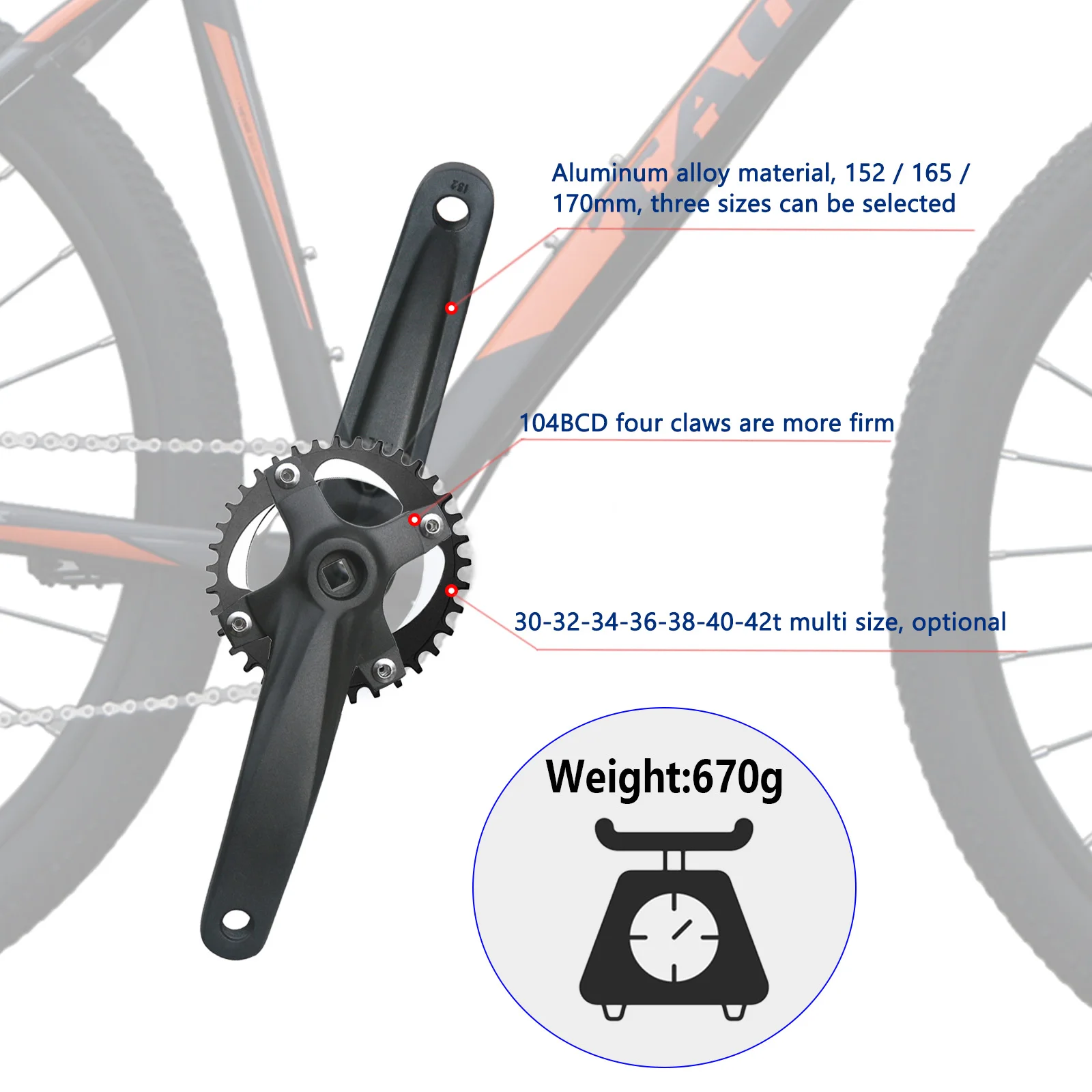 152/165/170mm Bicycle Square Hole Crankset 104BCD 30/32T/34T/36T/38T/40T/42T Narrow Wide Chainwheel Sprocket MTB Bike Crank Arms