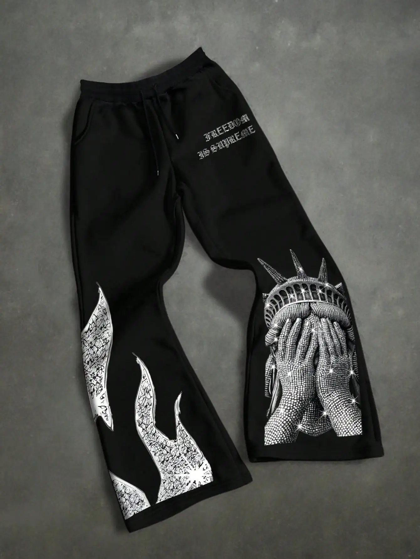 Men's Black Polyester Liberty Statue and Flame 2D Print Wide-Leg Sweatpants, Gothic Letter Streetwear, Sizes S-3XL