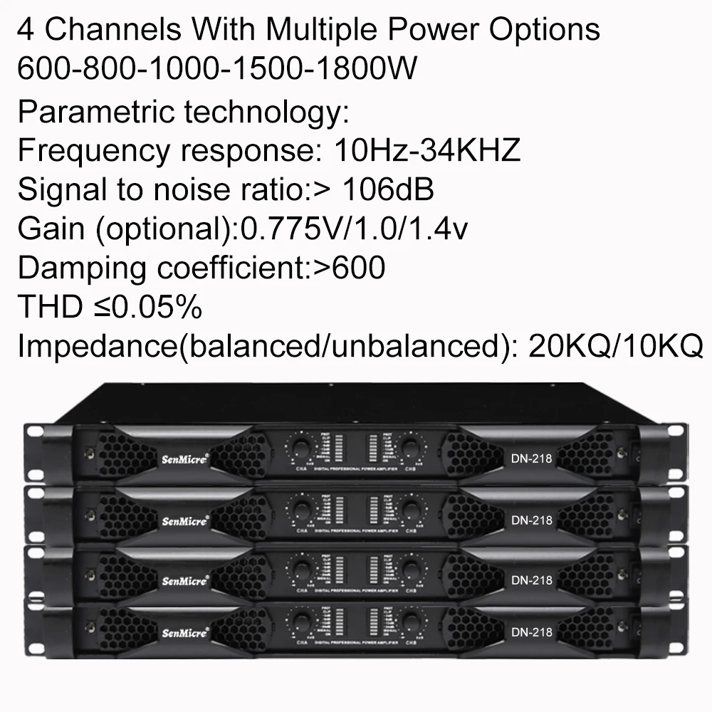 SenMicre DN218 Amplificador de potencia digital profesional Amplificador de subwoofer para DJ de 2 canales 2X1800W 8ohm Audio Line Array Altavoz Amplificador de sonido para rendimiento en escenario 800W/1000W/1500W