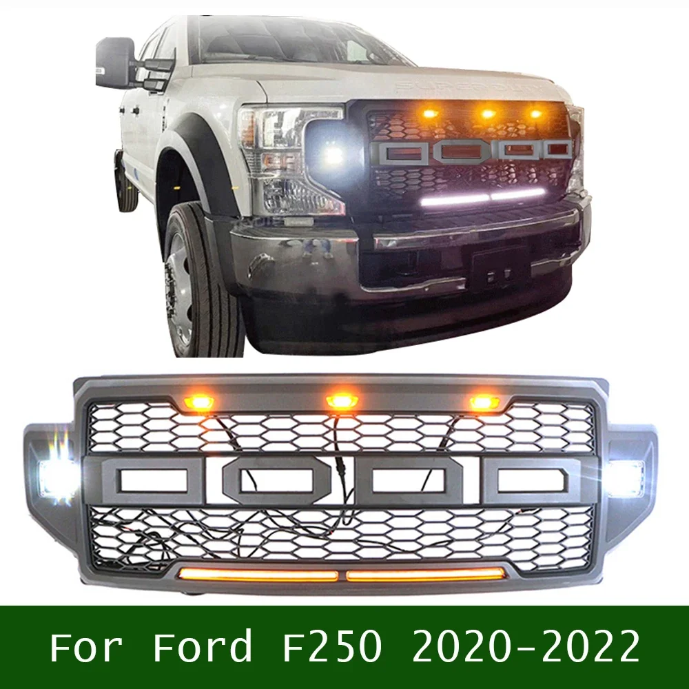 

For Ford F250 2020-2022 Auto Bumper Mesh Cover Trims Car Replace Front Racing Grille Grill W/LED Matte Black Or Grey ABS