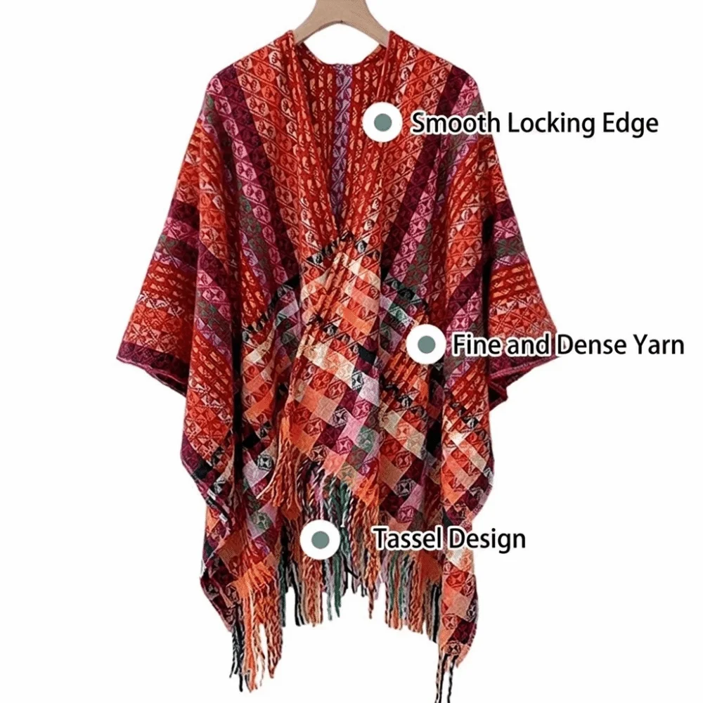 Fashion Bohemian Mongolian Poncho Ethnic Style Gradient Color Stripe Tassel Shawl Keep Warm Knitting Wrap Cloak for Women