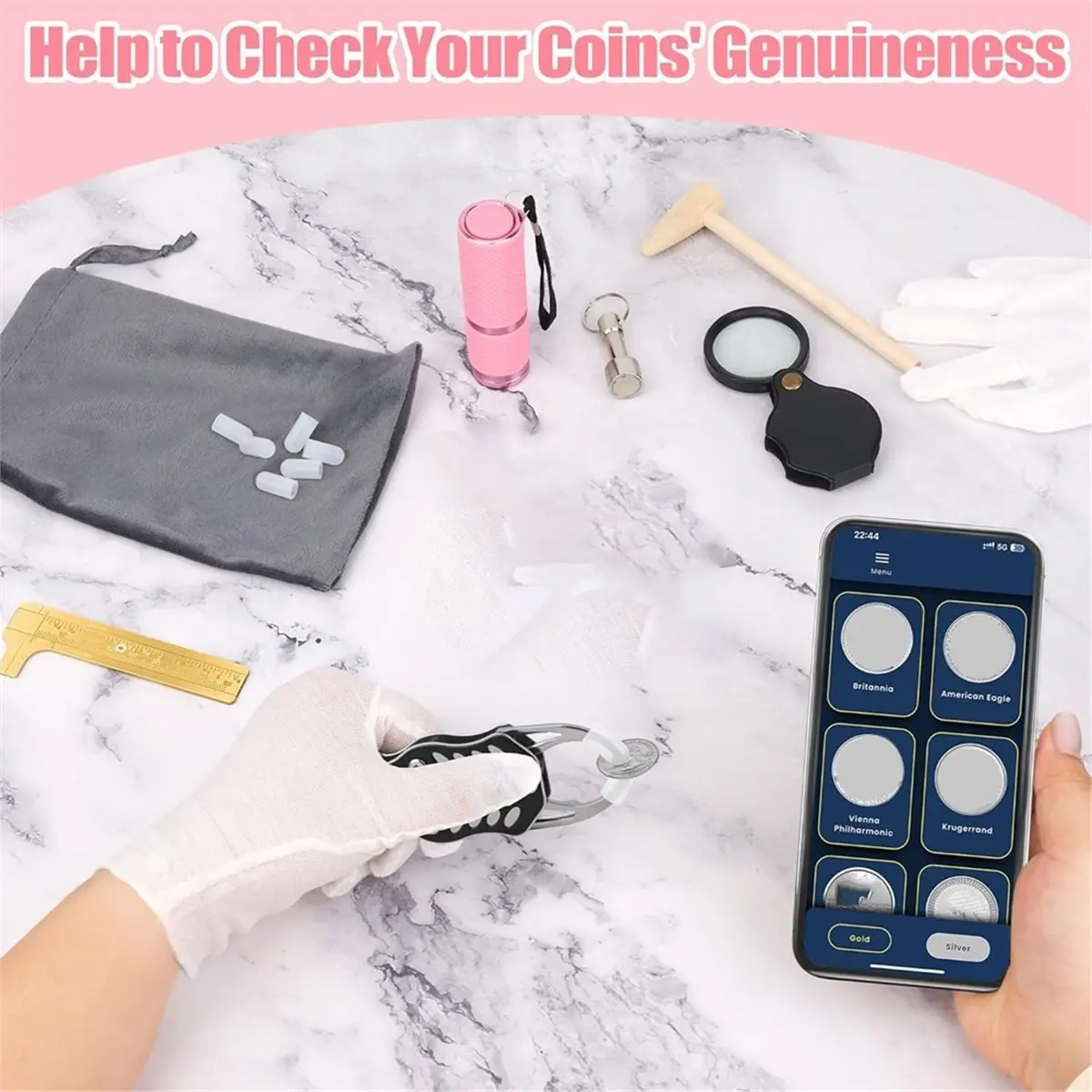 Pocket Coin Tester, Coin Testing Kit, Coin Pliers, Hammer, Magnifying Glass, Magnet Keychain,Silicone Cap,Scale Caliper