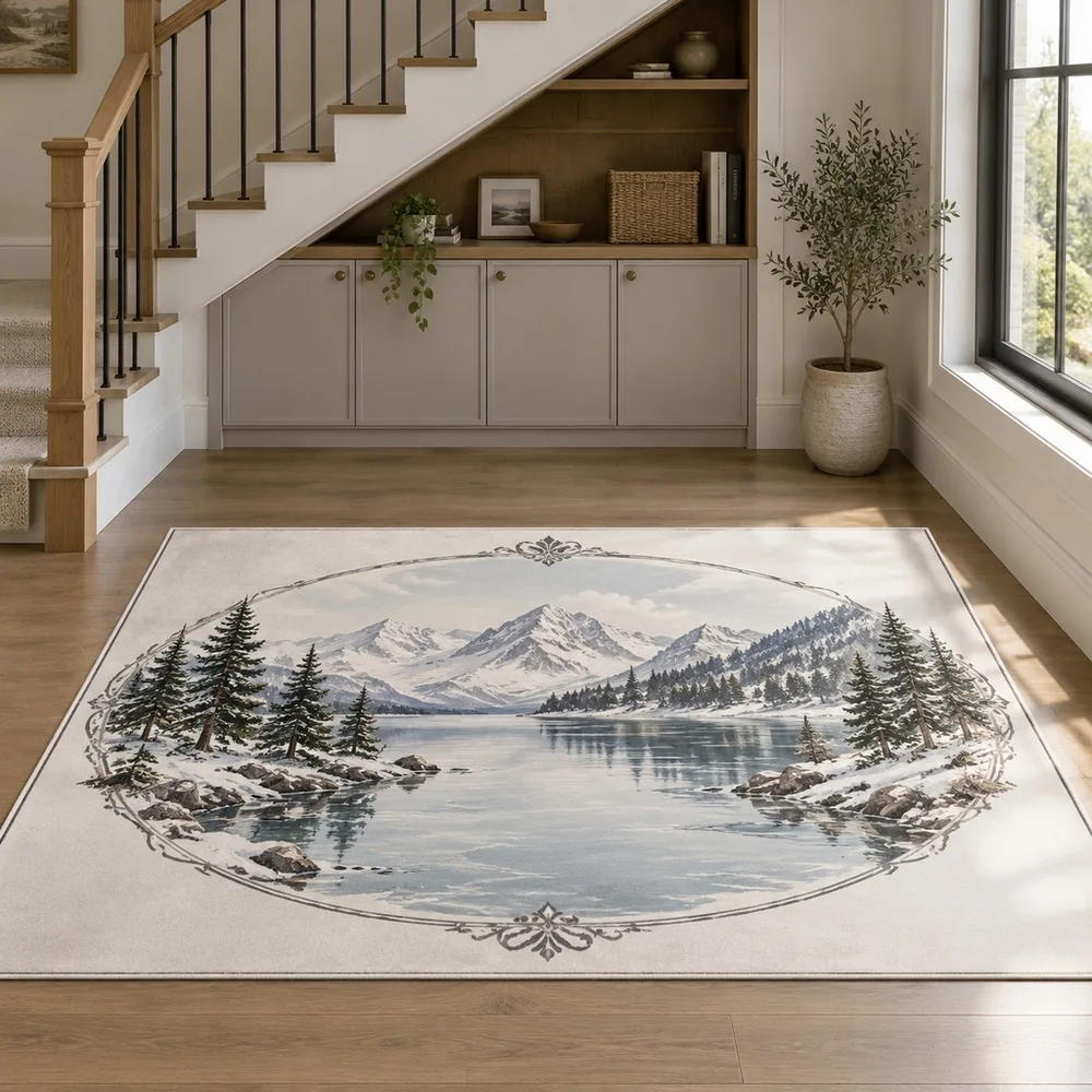 VIKAMA Rug Carpet Plain White Frozen Lake Shore Machine Washable Kitchen Home Office Study Sitting Room Modern Home Decor