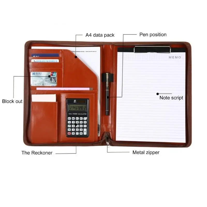 31BA Zippered PU Conference Folder Multiple Compartment File Case with Clipboard Multiple Pocket Card Holder Elastic Pen Slot