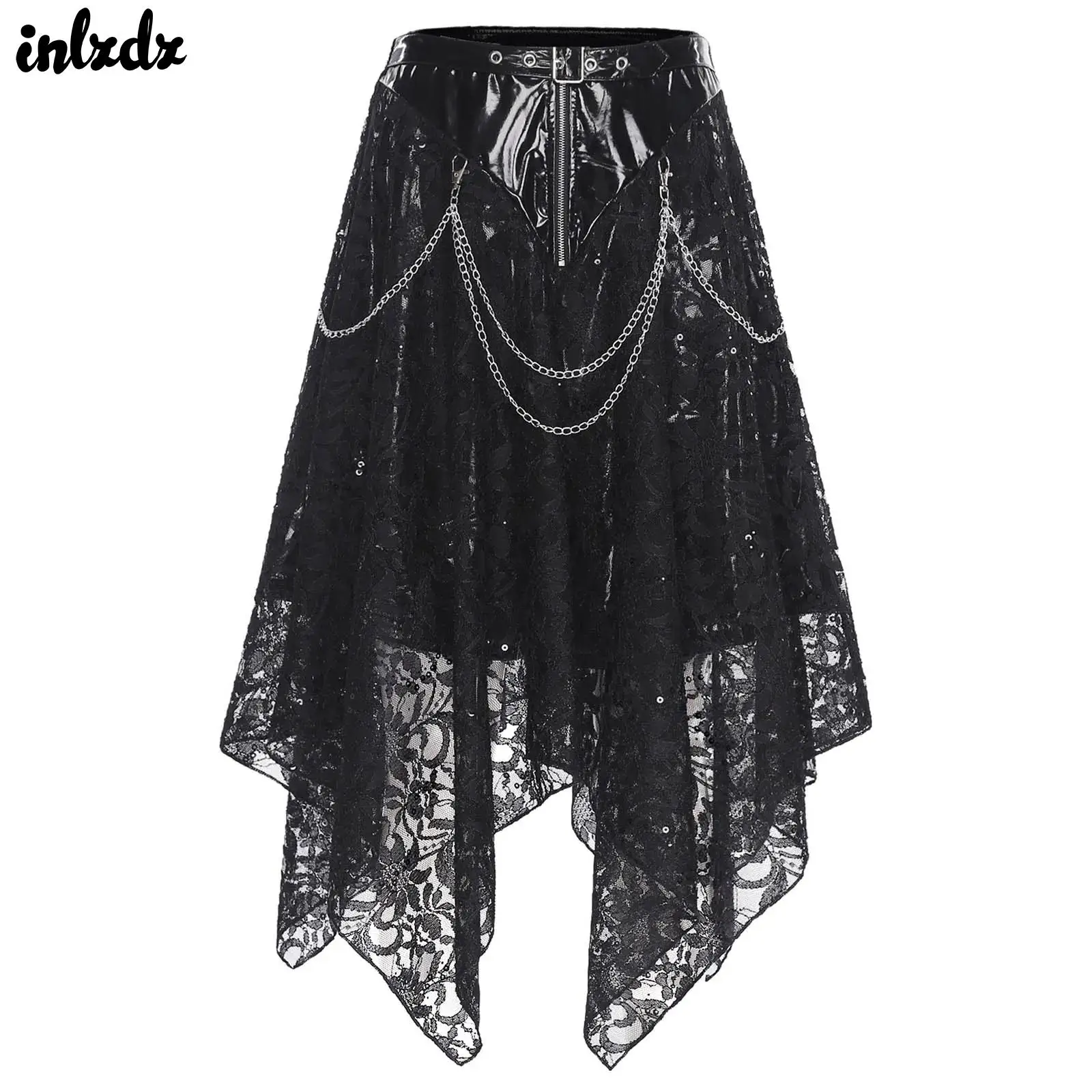 

Womens Steampunk Gothic Skirts Halloween Carnival Cosplay Costumes Glossy Sequins Waist Chains Floral Lace Ruffled Zipper Skirt