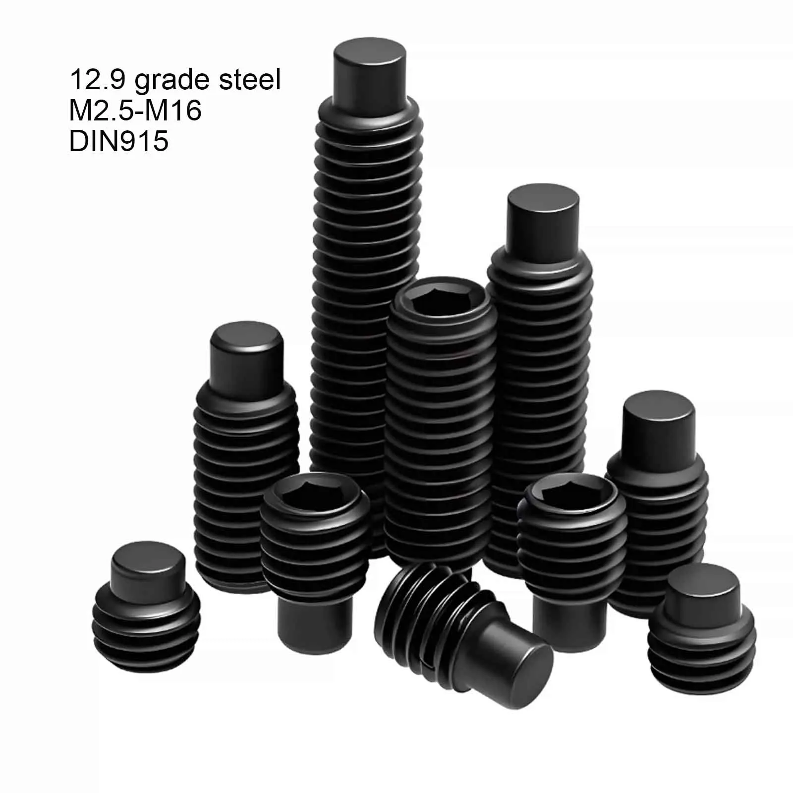 1/50pcs DIN915 Convex Point Set Screw 12.9 Grade Hex Socket Headless Grub Screw M2.5 M3 M4 M5 M6 M8 M10 M12 M16