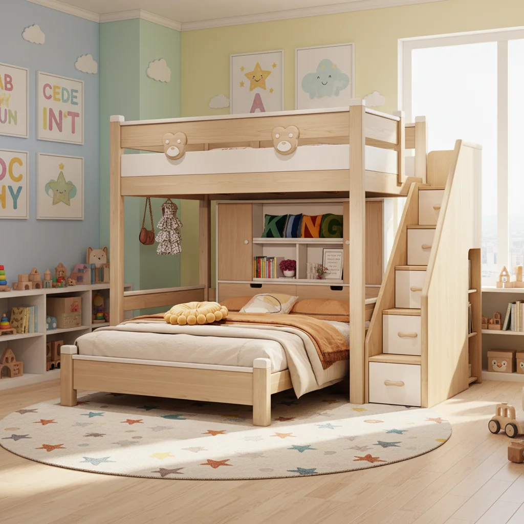 

Solid Wood Bunk Bed with Slide & Storage, Aesthetic Space-Saving Sleeping Solution for Children's Bedroom Furniture