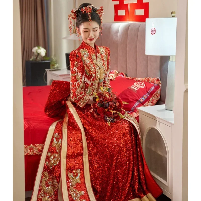 Gaun pernikahan tradisional wanita, Xiuhe musim panas, gaun pengantin tradisional China, setelan Tang Hanfu, gaun pernikahan mulia kontras