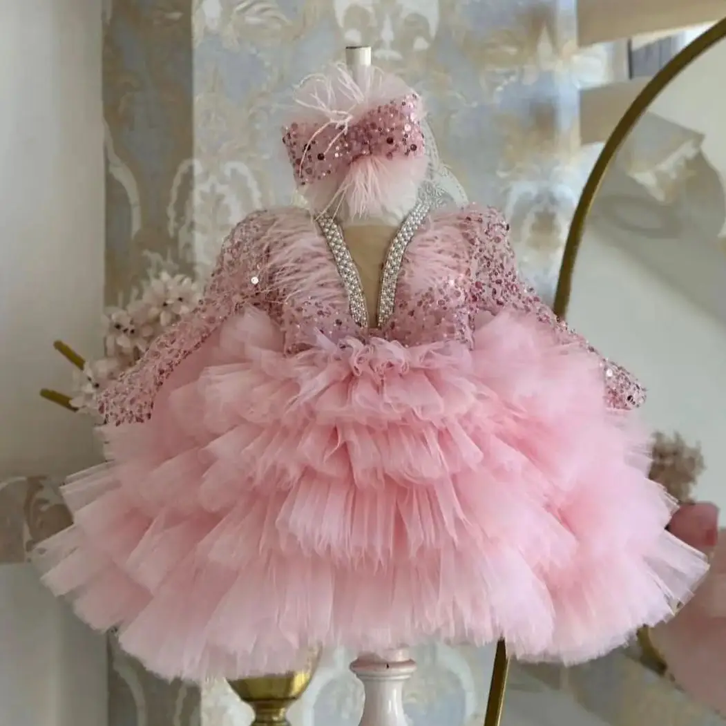 Pink Feather Flower Girl Dresses Customized Sequined Princess Birthday Party Gowns Quinceanera Litter Girl's Pageant Dress