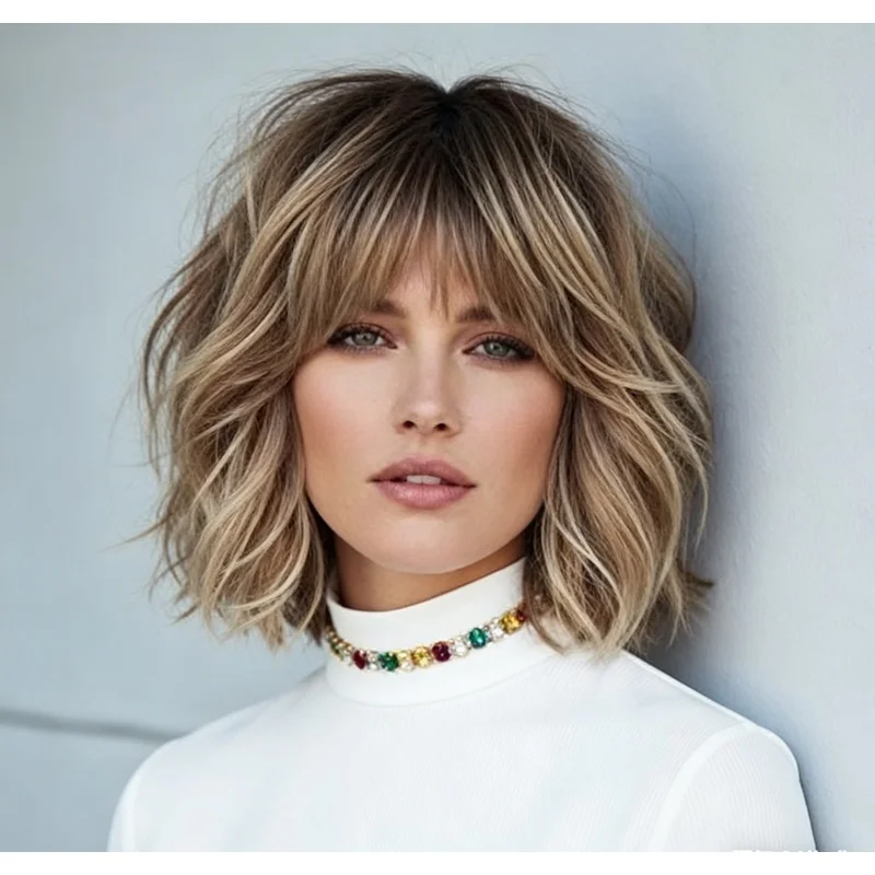 Ombre Ash Brown Blonde Balayage with Bangs Lace Front Human Hair Wigs 10in