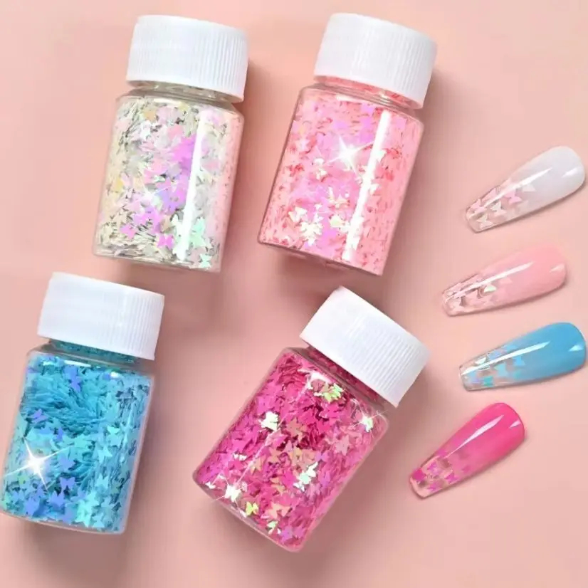 Conjunto de 4 potes de Flocos de Unha Borboleta 3D Holográficos Brilhantes, Iridescentes Branco Rosa Azul Vermelho, Lantejoulas de Unha Borboleta, Pingentes de Resina para Unhas D47%
