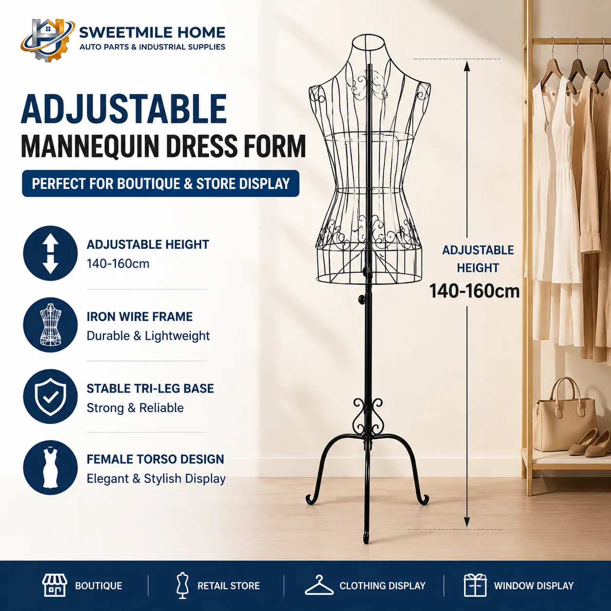Mannequin ajustable pour robe et buste féminin, support de vêtements en fil de fer de 140-160 cm de hauteur pour vitrine de boutique