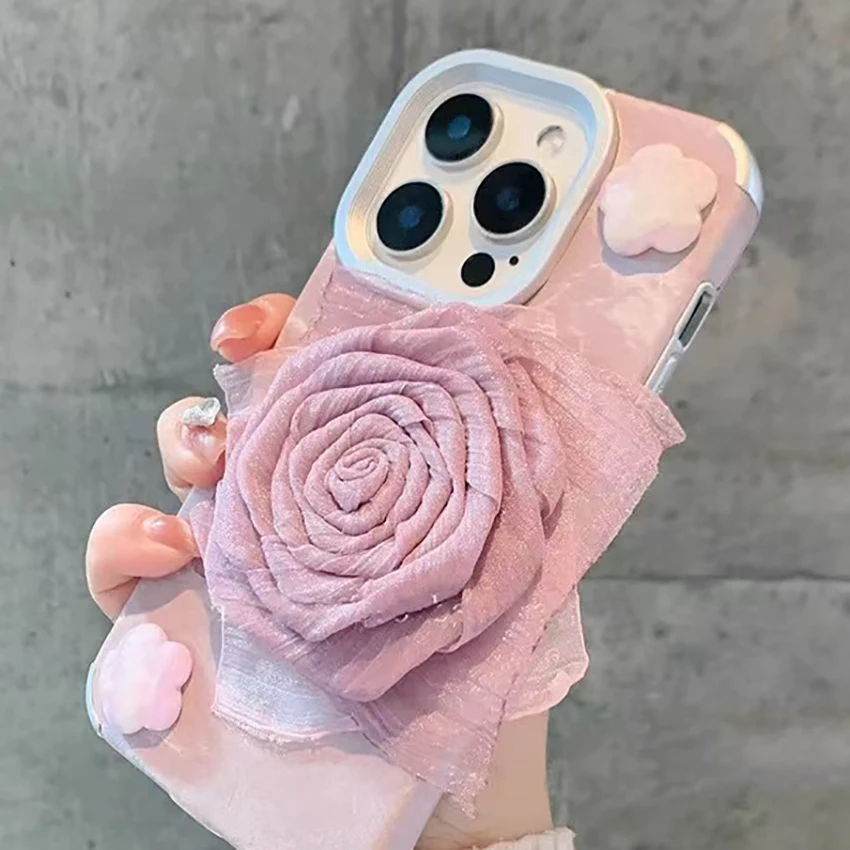 패브릭 로즈 폰 케이스 아이폰 16 15 14 13 프로 12 11 맥스 16프로맥스 스테레오 장식 폰 케이스 우아한 15프로 커버 하드 쉘