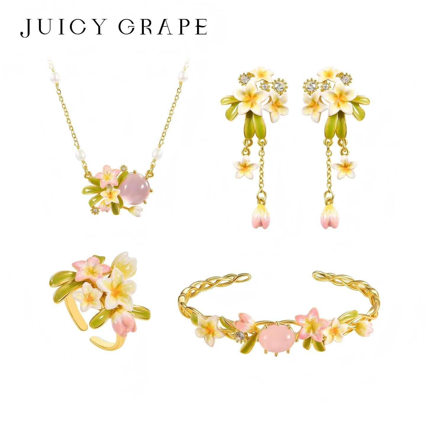 

Juicy Grape Hand-Painted Enamel Plumeria Frangipani Jewelry Set: Earrings Ring Necklace Bracelet Summer Floral Gift for Women