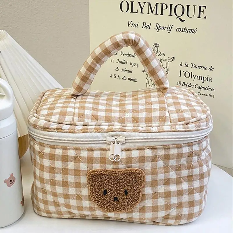 Cute Bear Makeup Pouch Checkerboard Lattice Women Large Capacity Portable Cosmetic Box Case Bags Female Storage Make Up Cases