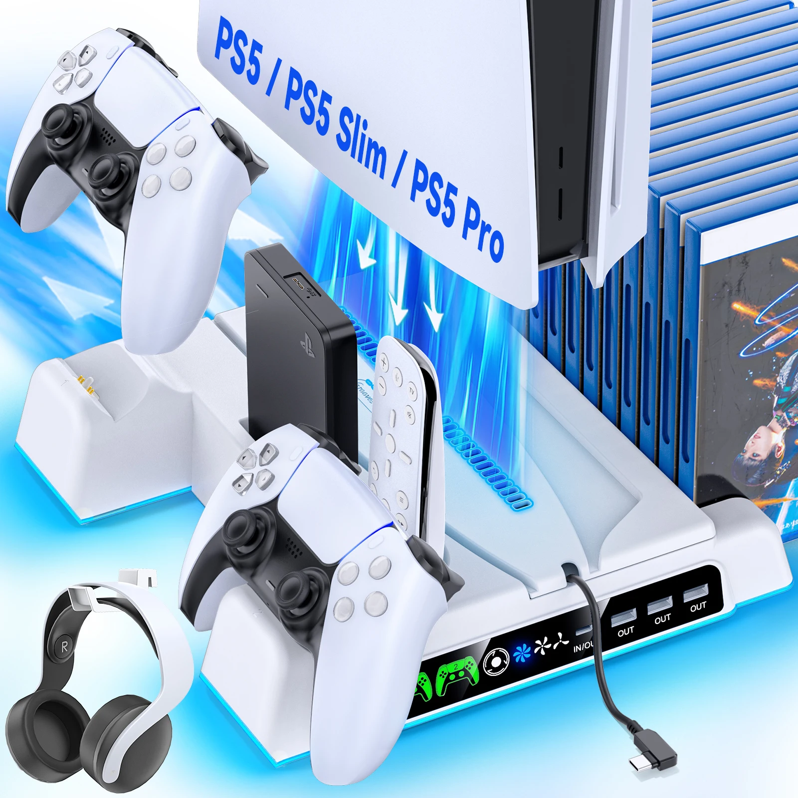 For PS5/PS5 Slim/PS5 Pro Stand Cooling Station with Controller Charging Station for All PlayStation 5 Console with 3-Level Fan