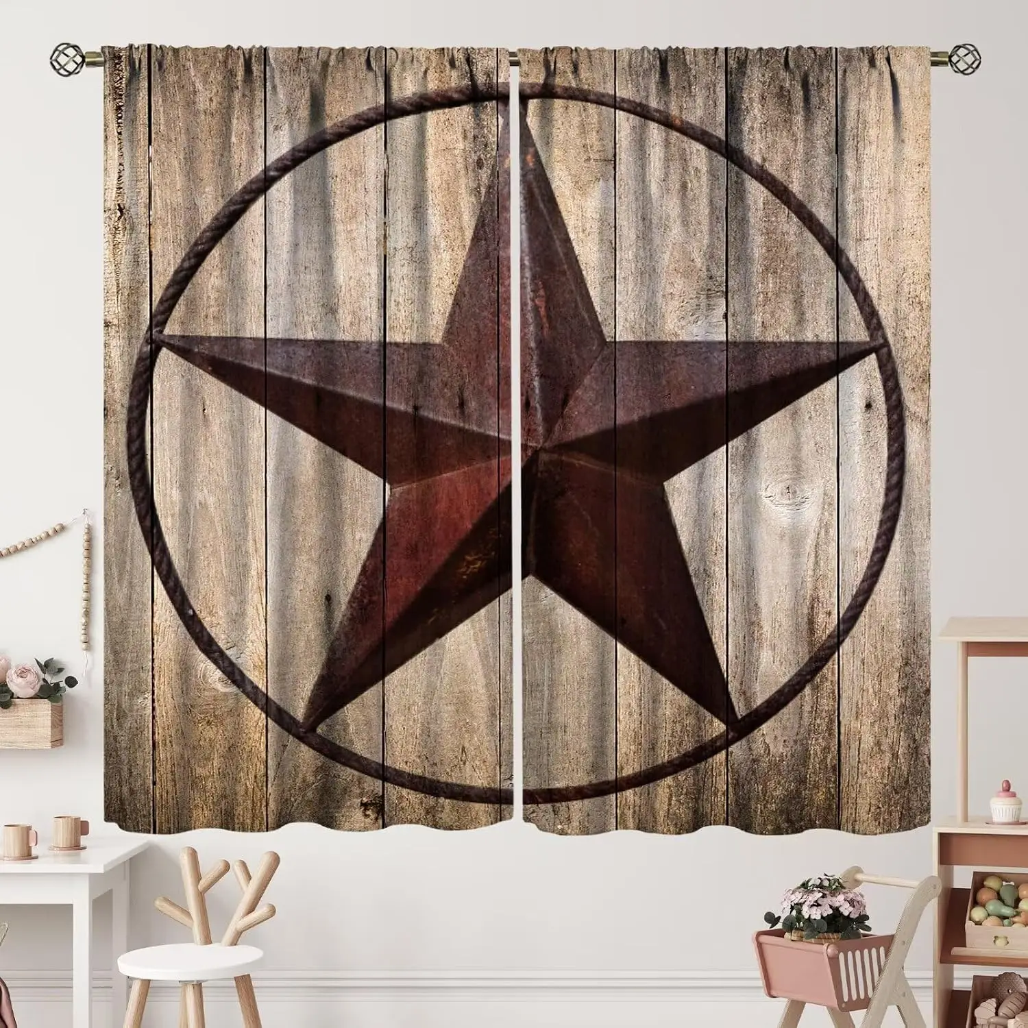 Western Texas Star Curtain 2 Panels, Rustic Wood Board Iron Lone Star Print, Window Drapes for Farmhouse Cabin Country Home