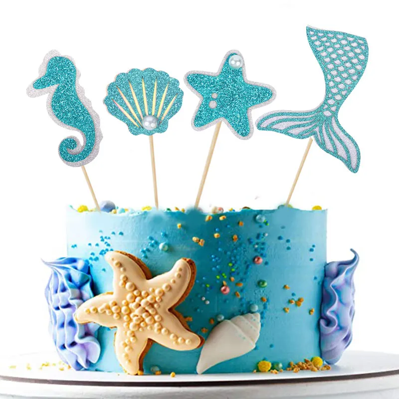 Mermaid Cupcake Toppers Glitter Seahorse Starfish Mermaid Tail happy birthday cake Picks Under the Sea girl Birthday Party decor