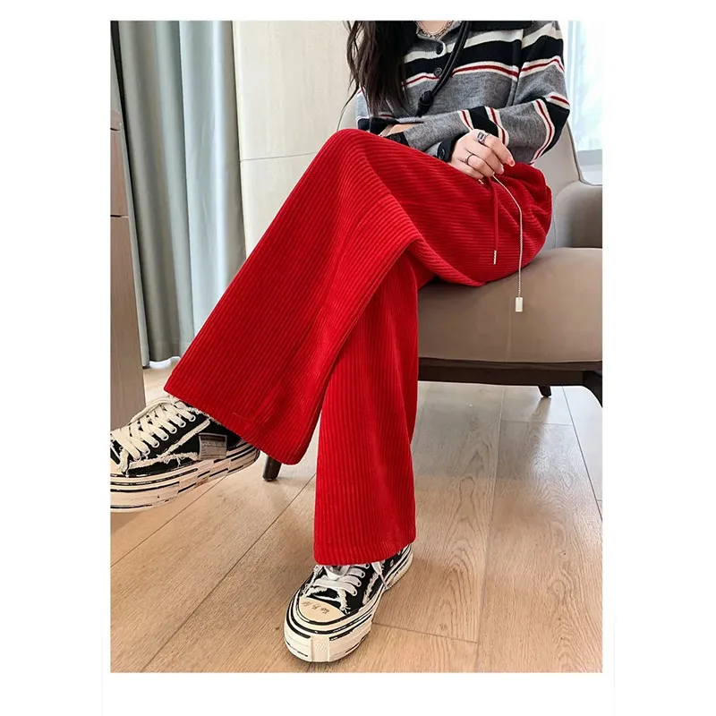 Red Wide-Leg Trousers Female Autumn Winter Niche Design Sense High-Waisted Dragline Straight Corduroy Thick Pants Woman Clothing