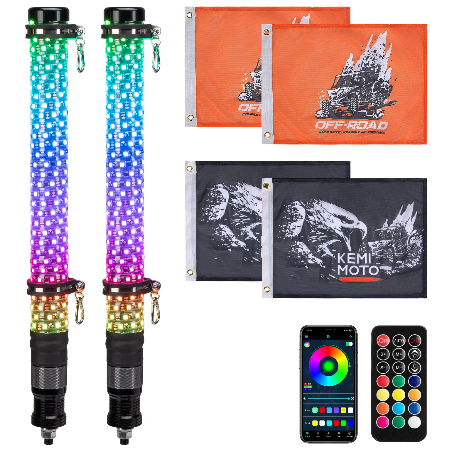 KEMIMOTO UTV ATV Fat Whip Lights Waterproof Turning Signal Bluetooth Remote Control for Boat Car Truck Golf Cart for Can-Am