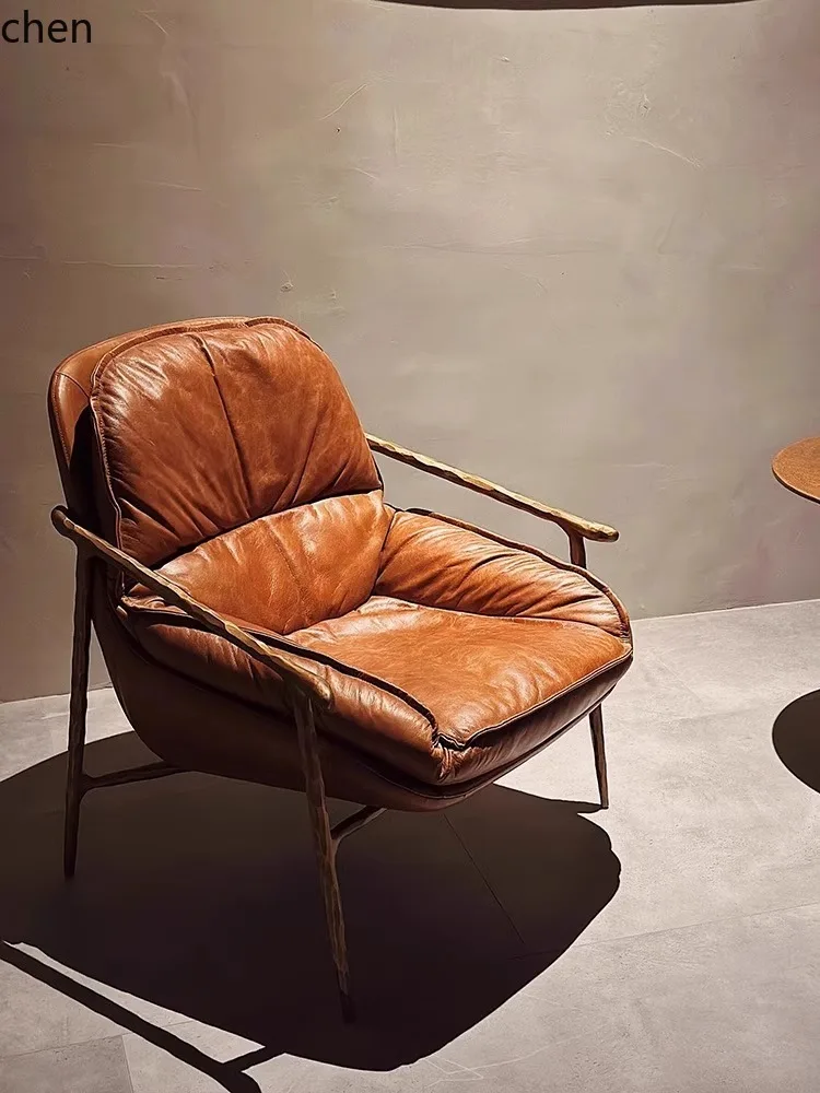 YXY Vintage Style Leisure Chair Retro Oil Wax Genuine Leather Single Chair Metal Sofa