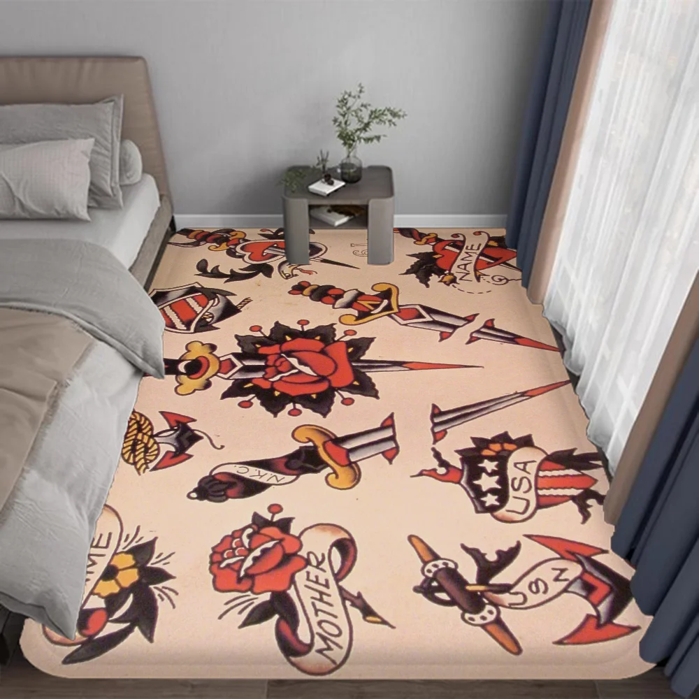 Old School Tattoo Pattern Floor Mat Non-Slip Laundry Room Mat Laundry Decor Balcony Child Living Room Household Carpets