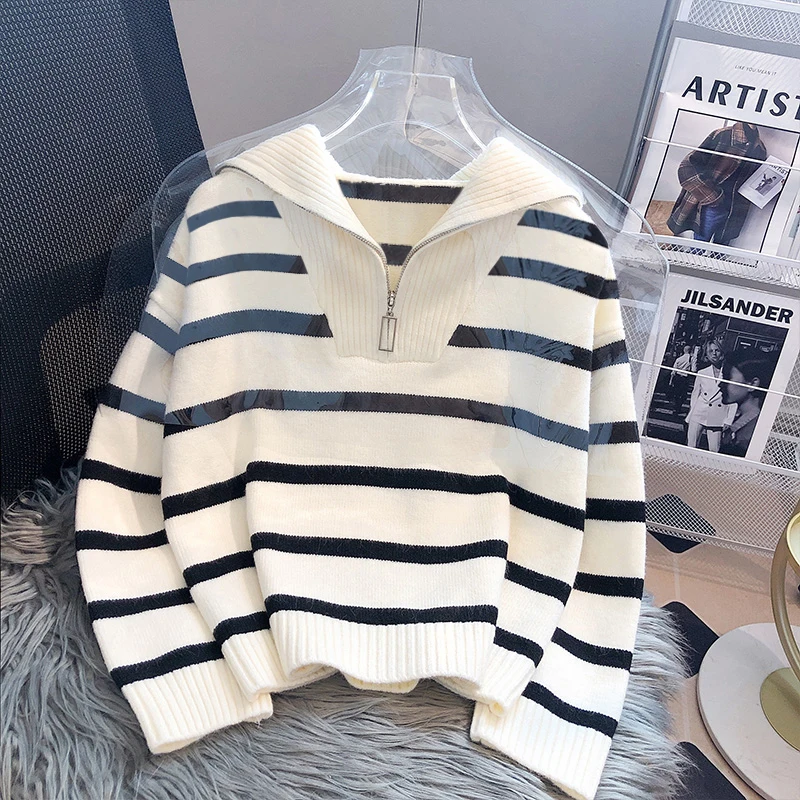 Maglione lavorato a maglia casual allentato a maniche lunghe con cerniera a righe moda autunno inverno per donna