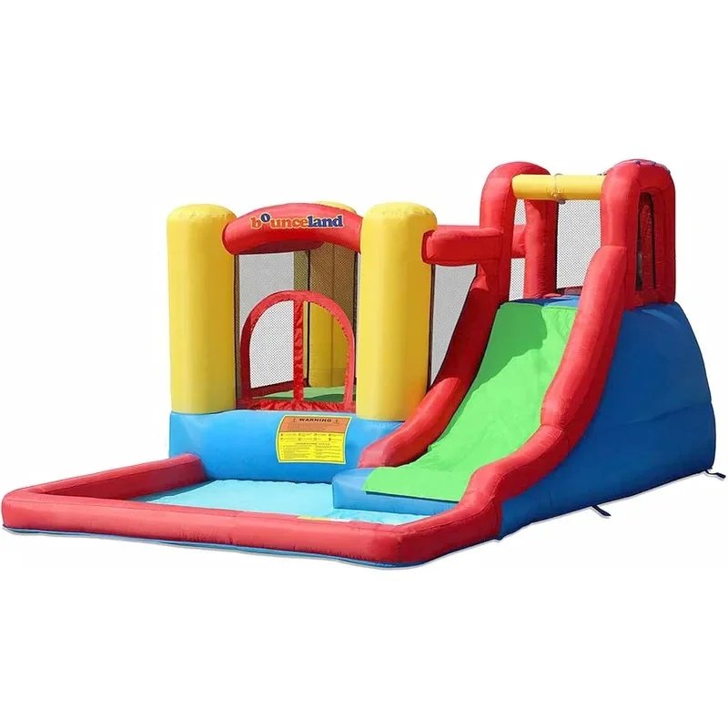 home.Jumping and water adventure bounce house or water slide, large swimming pool