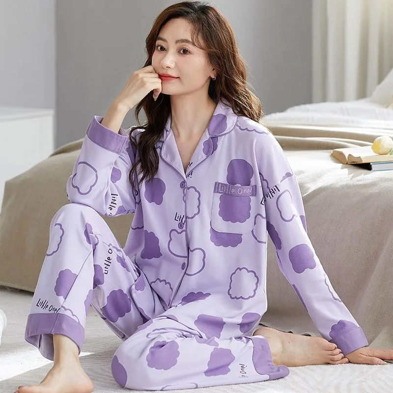 Women Cotton Pajamas Spring Autumn Female Long Sleep Sweet Loose Sleepwear Set Casual Lapel Large Size Cardigan Home Wear Suit