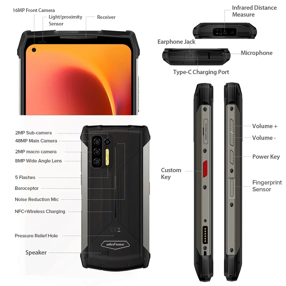 Ulefone Power Armor 13 Rugged Smartphone Android 11 6.81 Inch FHD+ 8GB+/256GB Mobile Phone 48MP 13200mAh Battery Cellphone NFC