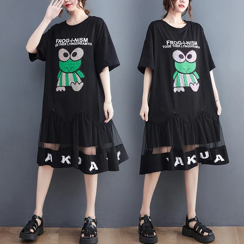 Summer New Loose Casual Printed Fashionable Splicing Mesh Black Personalized Midi Shirt Dress