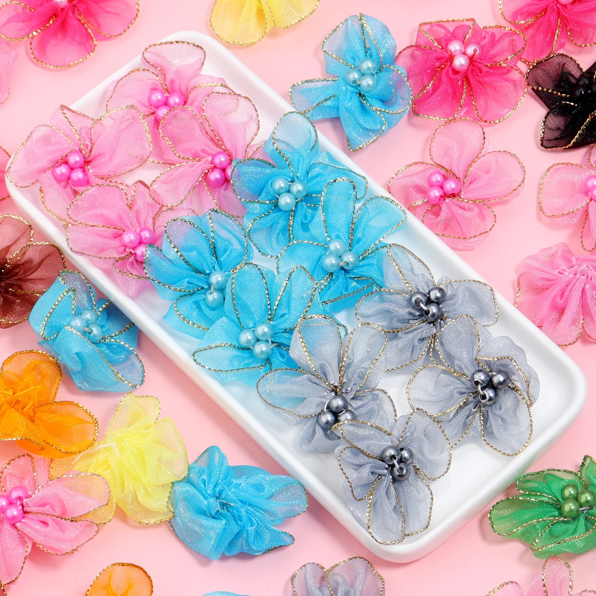  20Pcs/Lot 4cm Snow Gauze Fabric Flowers Gold Edge Artificial Flower Plum Blossoms For DIY Sewing Crafts Clothing Accessorie