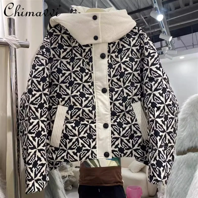 

2024 Winter New European Printing Contrast Color White Duck Down Jacket Hooded Thickened Fashion Trend Jacket For Women