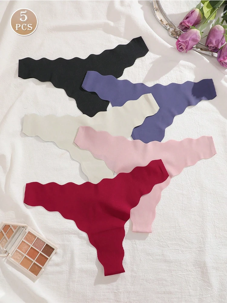 5 Stück Damen Nahtlose Tangas Sommer Ultra-dünne Atmungsaktive Unterwäsche Einfarbig Wellenrand Sexy Damen-Intimwäsche Lingerie