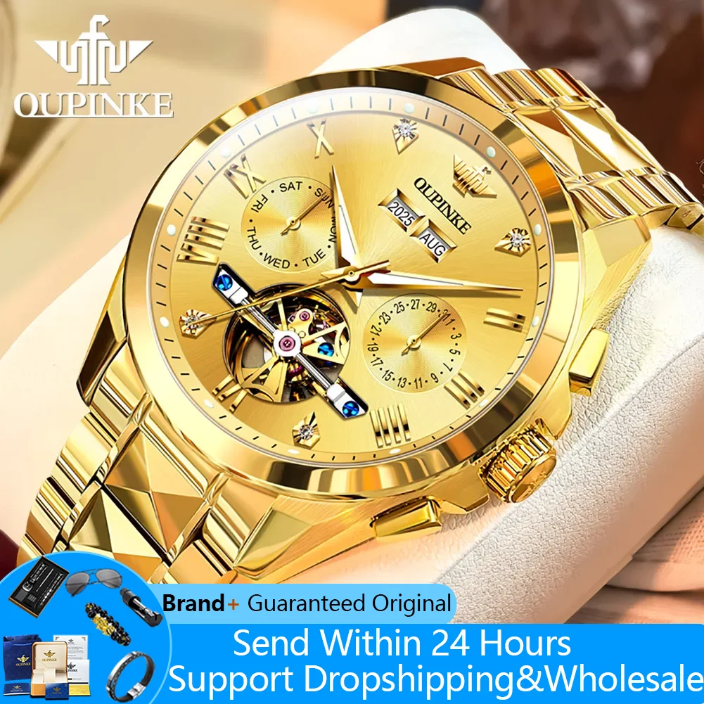 

OUPINKE 3240 Automatic Watches For Men 44mm Big Dial 5Bar Waterproof Man Wristwatch Luxury Skeleton Flywheel Mechanical Watches