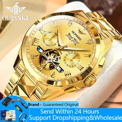 OUPINKE 3240 Automatic Watches For Men 44mm Big Dial 5Bar Waterproof Man Wristwatch Luxury Skeleton Flywheel Mechanical Watches