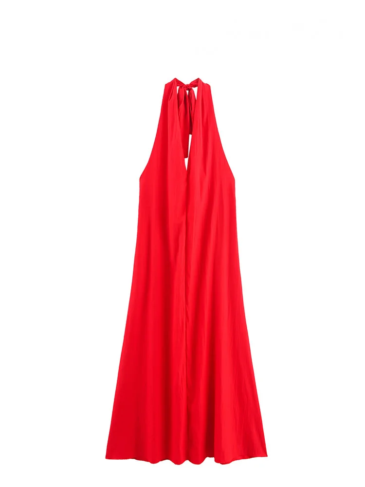 HH Woman Hanging Neck Collar Solid Dresses Women Summer Midi Dress Fashion Pleated Sleeveless Bow Decorate Backless Dress