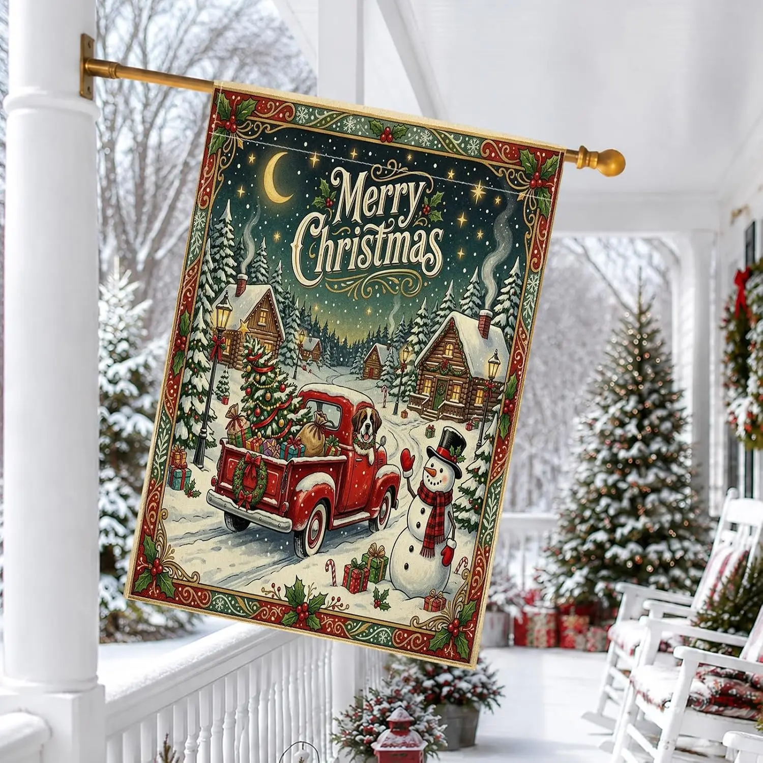Aesthetic Christmas St. Bernard Dog House Flags 28x40 Inch Double Sided for Outside, Winter Xmas Linen Vertical Canvas Home