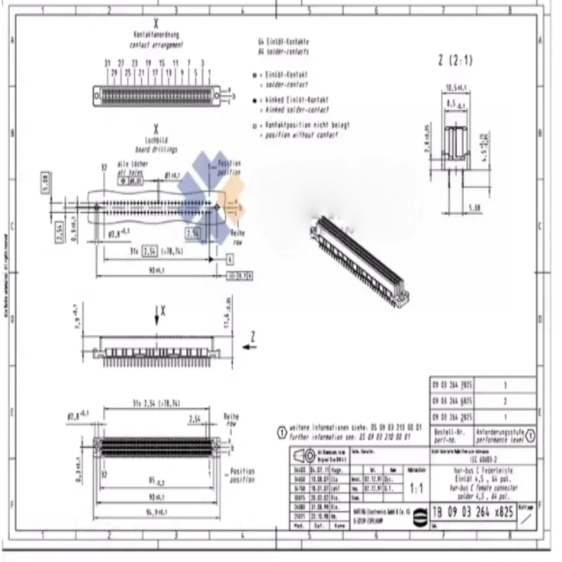 2 piece 09032646825  German original Harting Haikin connector with 2 rows and 64 straight holes