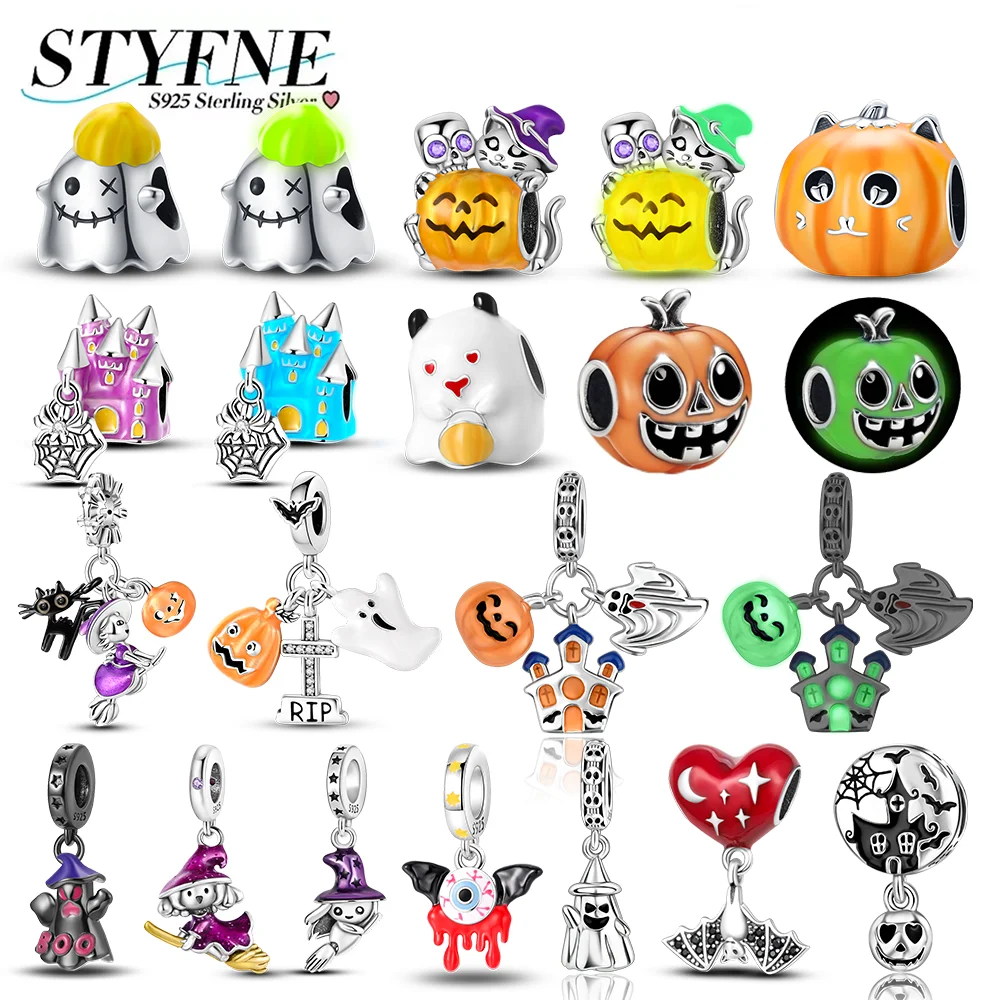 

925 Silver Luminous Charms Magic Pumpkin Ghost Castle Skull Beads Pendants Fit Diy Original Bracelet Theme Party Accessories