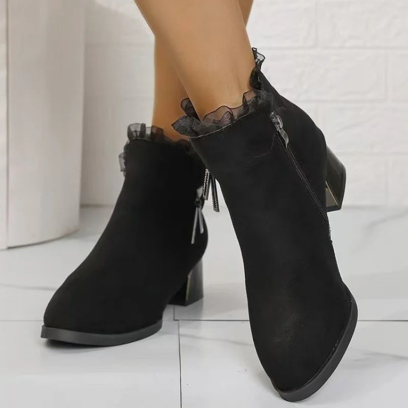 

​​2025 Autumn Winter​ New Women's Black Suede Ankle Boots - Mesh Lace Chunky Heel Side Zipper Block Heel Office Commuter Boots