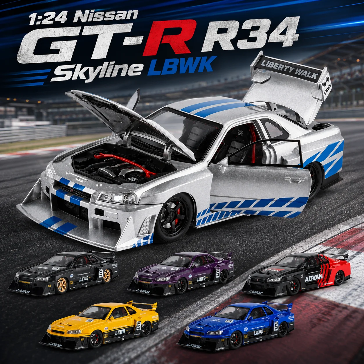 

1:24 Nissan Skyline GTR R34 JDM LBWK Racing Car Diecast Metal Rally Sound Light Miniature Collection Gift For Kid Boy Collection