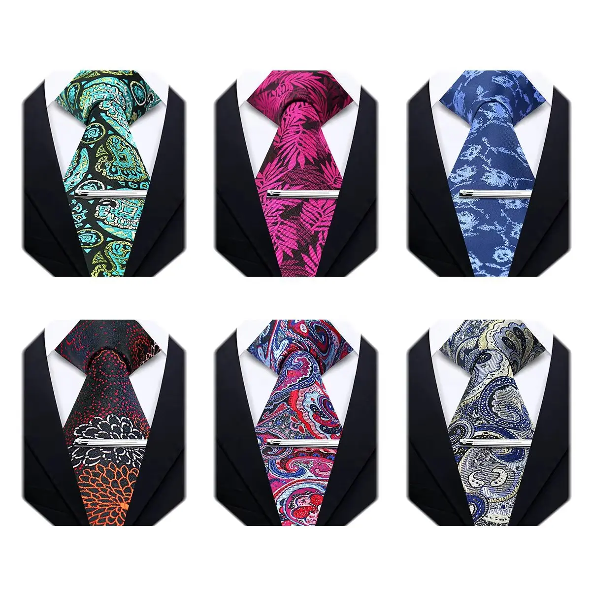 Elegant Men Tie Set Luxury Paisley Stripe Floral Tie with Tie Clip 2 Pcs Wedding Banquet Business Formal Party Accessories