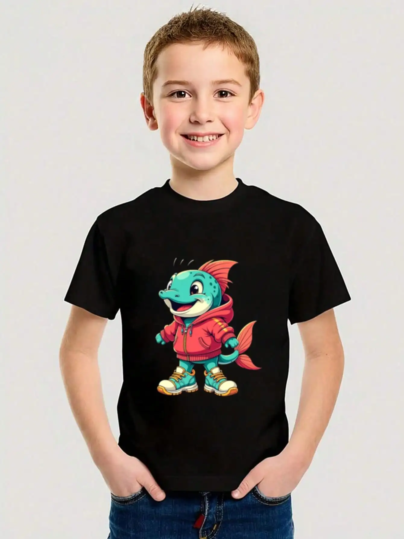 

Boys/Girls Summer Animal Character Cotton Graphic Tees, Black Casual Style Summer Tops With Cartoon Fish In A Hoodie