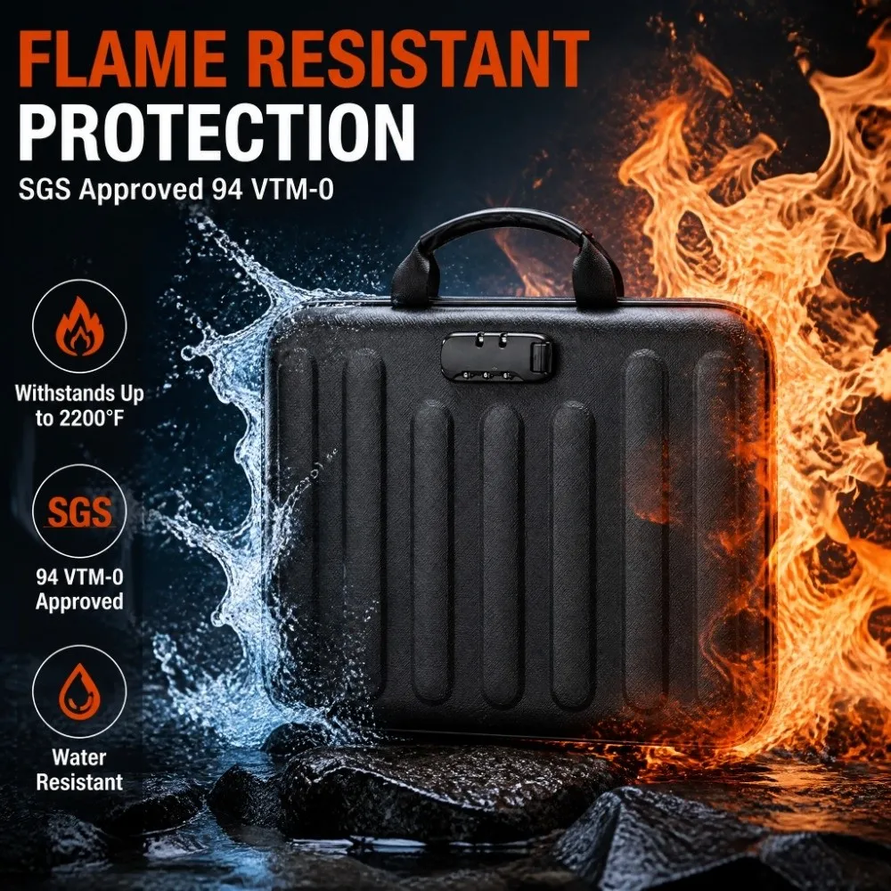 Hard EVA Shell Fireproof Document Briefcase Vertical Strip With Lock Waterproof Document Bag Multi Layer Portable