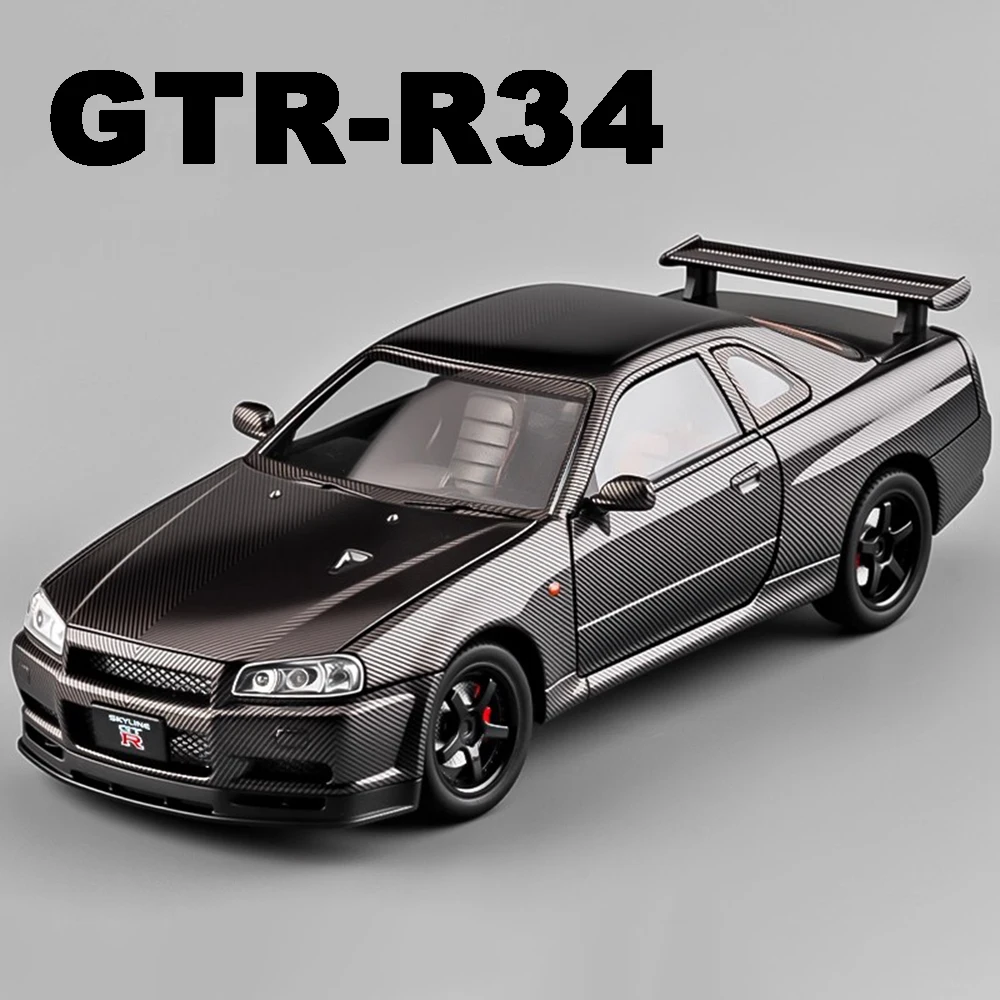 1:24 스케일 GTR R34 R35 합금 다이캐스트 장난감 자동차 모델, 후진 기능, 음악, 라이트, 도어 개폐, 미니어처 차량 모델, 생일 선물