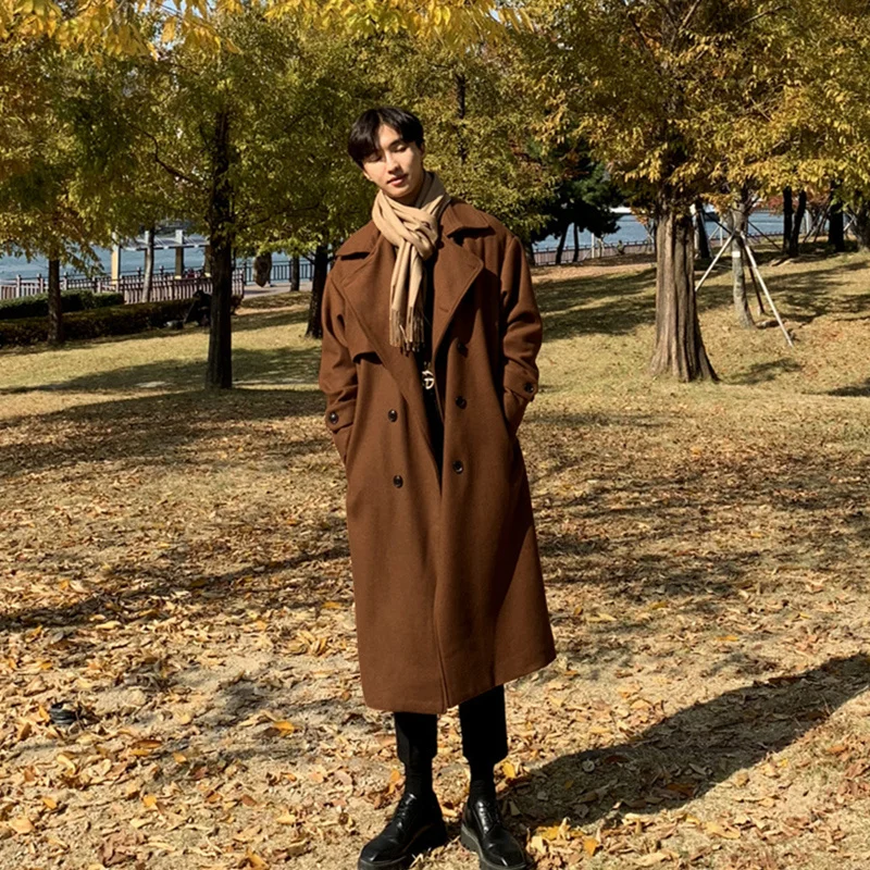 Winter Belt Long Woolen Coat Men Warm Fashion Casual Oversized Woolen Coat Men Loose Double Breasted Woolen Coat Men Overcoat