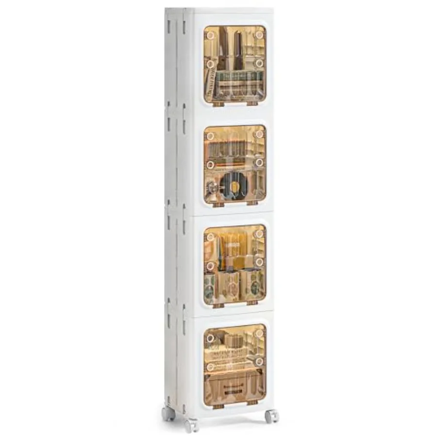 

188 QT Stackable Storage Bins with Lids Tall Slim 4-Tier Organizer with Wheels Lockable Clear Doors Foldable Storage Cabinet fo